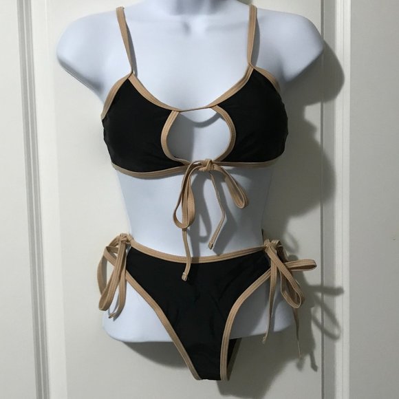 Shein Bikini Swimsuit Black/Brown Trim Cutout Side And Front Ties Small New - Picture 1 of 3
